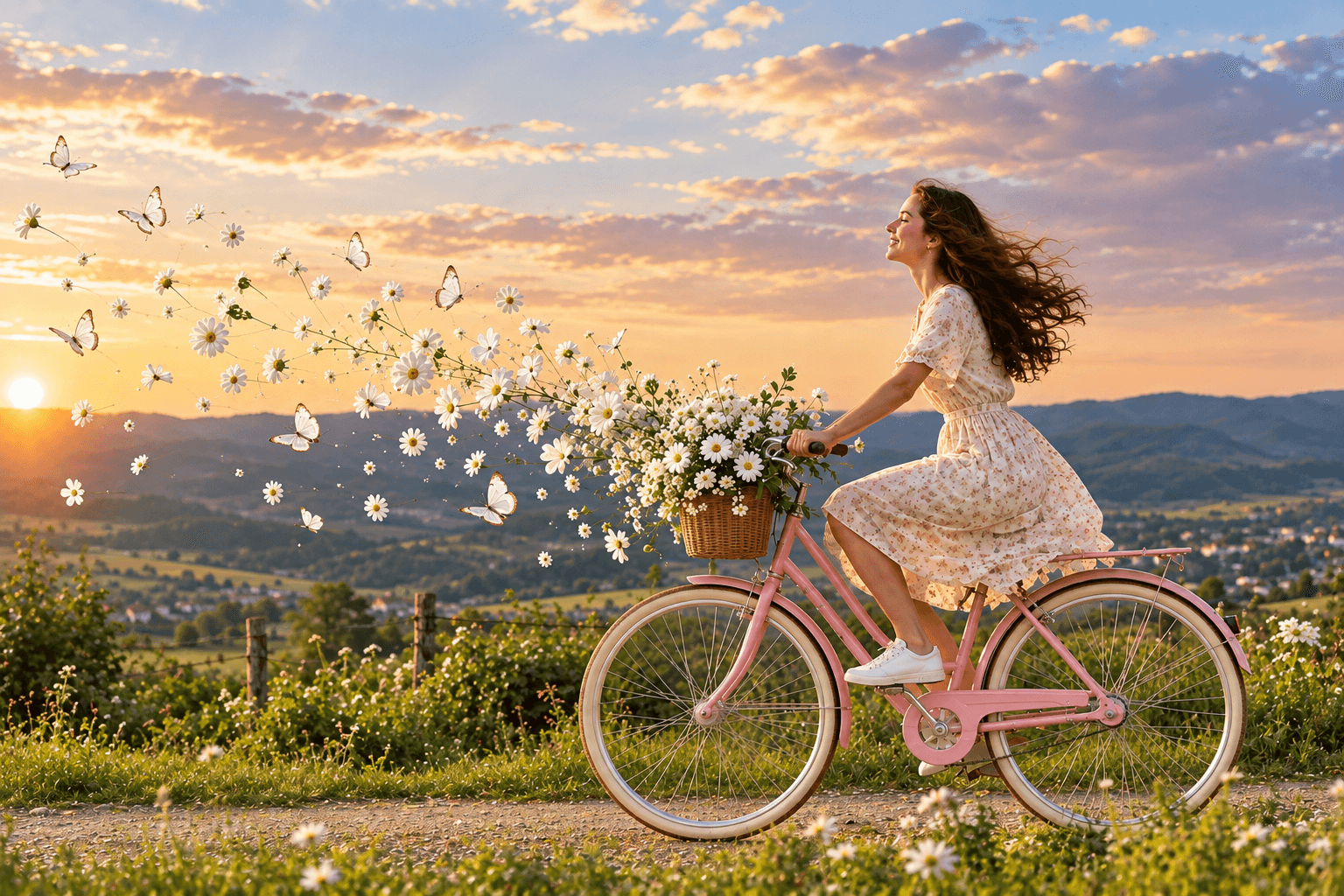 Mujer en bicicleta con una canasta de margaritas al atardecer